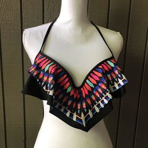 PINK Victoria Secret Black Multicolor Print Ruffle Bikini Top Size Medium